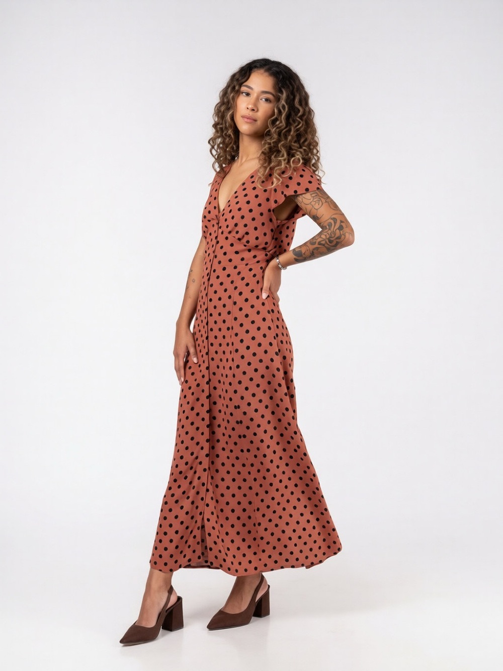 Blu Pepper Rust Maxi Dress with Black Polka Dots